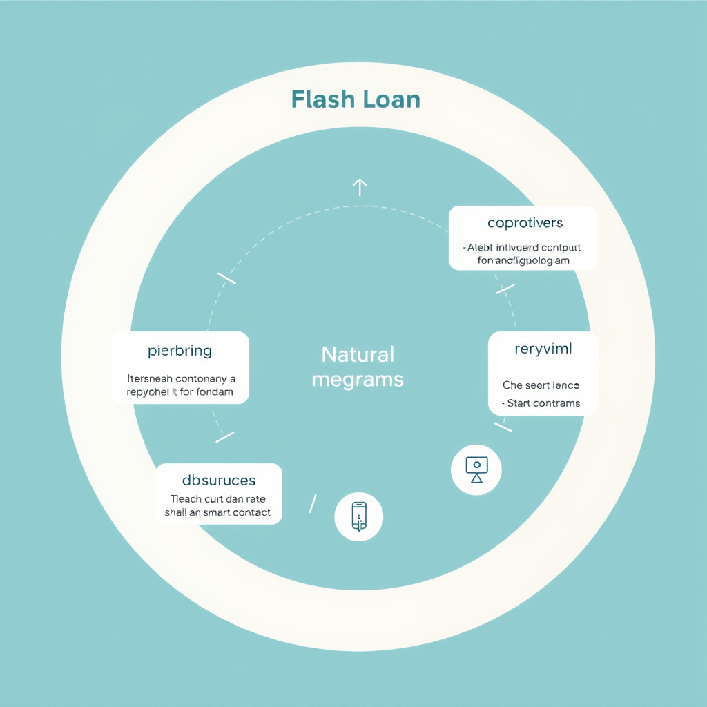 Technical diagram illustrating flash loan mechanics with instant borrowing and repayment cycles, arbitrage opportunities, and smart contract interactions in minimalist design